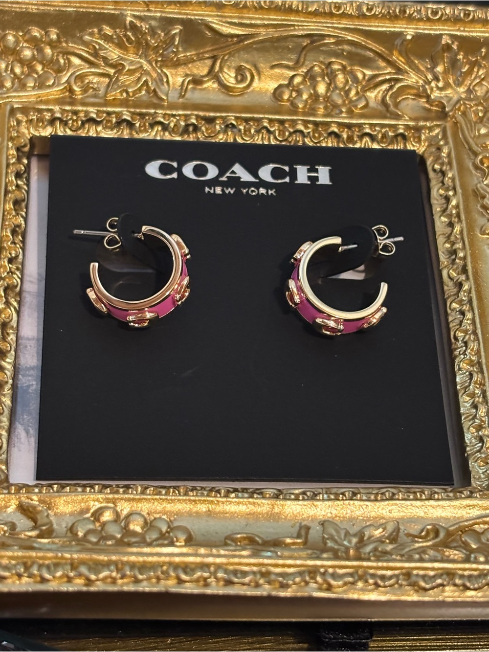 Coach Pink Enamel Signature C Gold Tone Huggie Hoop Earrings NWT Display - Picture 2 of 10